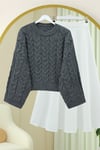 Örgü Desenli Salaş Krop Triko Kazak  -Füme-Kazak-109-0975-R18