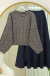Örgü Desenli Salaş Krop Triko Kazak -Toprak-Kazak-109-0975-R55