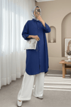 Oval Kesim Kraş Uzun Salaş Tunik -İndigo-Tunik-307-613129-R21