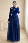 Papatya Detaylı Eteği Pliseli Taşlı Elbise -Saks-Elbise-316-4788-R10