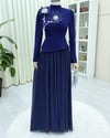Papatya Detaylı Eteği Pliseli Taşlı Elbise -Saks-Elbise-316-4788-R10