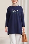 Papatya Nakışlı Yuvarlak Yaka Penye Tunik -Lacivert-Tunik-253-13148-R03