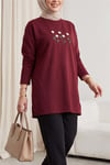 Papatya Nakışlı Yuvarlak Yaka Penye Tunik -Bordo-Tunik-253-13148-R04