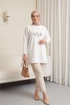 Papatya Nakışlı Yuvarlak Yaka Penye Tunik -Beyaz-Tunik-253-13148-R02