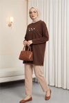 Papatya Nakışlı Yuvarlak Yaka Penye Tunik -Kahve-Tunik-253-13148-R15