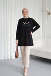 Papatya Nakışlı Yuvarlak Yaka Penye Tunik -Siyah-Tunik-253-13148-R01