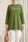 Papatya Nakışlı Yuvarlak Yaka Penye Tunik -Koyu Yeşil-Tunik-253-13148-R79