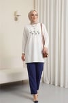 Papatya Nakışlı Yuvarlak Yaka Penye Tunik -Beyaz-Tunik-253-13148-R02
