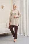 Papatya Nakışlı Yuvarlak Yaka Penye Tunik -Taş-Tunik-253-13148-R43