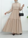Elbise-Parçalı Yarım Düğmeli Kolu Lastikli Elbise -Bej-349-5060E-R56