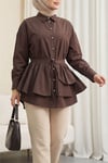 Pelerin Detaylı Düğmeli Oval Kesim Poplin Tunik -K. Kahve-Tunik-307-0123-R54