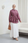 Pelerin Detaylı Düğmeli Oval Kesim Poplin Tunik -Vişne-Tunik-307-0123-R44