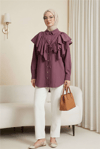 Pelerin Detaylı Düğmeli Oval Kesim Poplin Tunik -Vişne-Tunik-307-0123-R44