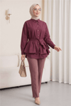 Pelerin Detaylı Düğmeli Oval Kesim Poplin Tunik -Mürdüm-Tunik-307-0123-R09