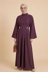 Pileli Beli Kemerli Toka Detaylı Modal Elbise  -Bordo-Elbise-111-61613-R04