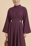 Pileli Beli Kemerli Toka Detaylı Modal Elbise  -Bordo-Elbise-111-61613-R04