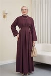 Pileli Beli Kemerli Toka Detaylı Modal Elbise  -Bordo-Elbise-111-61613-R04