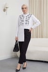 Plastron Detaylı Nakışlı Poplin Gömlek -Beyaz-Gömlek-349-8050-R02