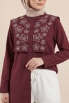 Plastron Detaylı Nakışlı Poplin Gömlek -Bordo-Gömlek-349-8050-R04