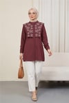 Plastron Detaylı Nakışlı Poplin Gömlek -Bordo-Gömlek-349-8050-R04