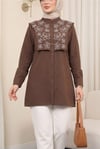 Plastron Detaylı Nakışlı Poplin Gömlek -Kahve-Gömlek-349-8050-R15