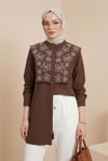 Plastron Detaylı Nakışlı Poplin Gömlek -Kahve-Gömlek-349-8050-R15