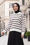Polo Yaka Düğmeli Çizgili Salaş Kazak -Ekru
