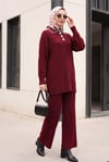 Polo Yaka Düğmeli Fitilli Yırtmaçlı Triko Takım  -Bordo