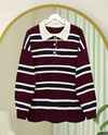 Polo Yaka Düğmeli Renkli Çizgili Triko Kazak -Bordo-Kazak-109-9757-R04