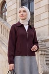 Polo Yaka Fermuarlı Cep Detaylı Triko Hırka  -Mürdüm