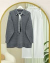 Polo Yaka Fularlı Yırtmaçlı Salaş Triko Tunik  -Füme-Kazak-295-1299-R18