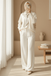 Polo Yaka Fularlı Yırtmaçlı Salaş Triko Tunik  -Krem-Kazak-295-1299-R28