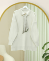 Polo Yaka Fularlı Yırtmaçlı Salaş Triko Tunik  -Krem-Kazak-295-1299-R28