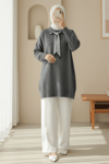 Polo Yaka Fularlı Yırtmaçlı Salaş Triko Tunik  -Füme-Kazak-295-1299-R18