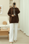 Polo Yaka Fularlı Yırtmaçlı Salaş Triko Tunik  -Kahve-Kazak-295-1299-R15