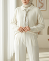 Polo Yaka Fularlı Yırtmaçlı Salaş Triko Tunik  -Krem-Kazak-295-1299-R28