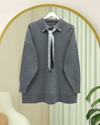 Polo Yaka Fularlı Yırtmaçlı Salaş Triko Tunik  -Füme-Kazak-295-1299-R18