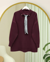 Polo Yaka Fularlı Yırtmaçlı Salaş Triko Tunik  -Bordo-Kazak-295-1299-R04
