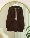 Polo Yaka Fularlı Yırtmaçlı Salaş Triko Tunik  -Kahve-Kazak-295-1299-R15