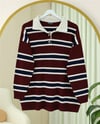 Kazak-Polo Yaka Yarım Düğmeli Renkli Çizgili Triko Kazak -Bordo-109-9755-R04