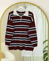 Polo Yaka Yarım Düğmeli Renkli Çizgili Triko Kazak -Bordo-Kazak-109-9755-R04