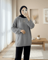 Ponpon Dokulu Salaş Triko Kazak -Gri-Kazak-385-3505-R11