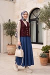 Ponponlu Çiçek Nakışlı Ajurlu Triko Yelek -Bordo