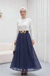 Puantiyeli Beli Lastikli Astarlı Şifon Etek -Lacivert-Etek-349-8083-R03