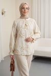 Püskül Detaylı Çiçek Nakışlı Uzun Kollu Bluz -Krem-Bluz-364-6060-R28