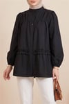 Robadan Lastikli Eteği Fırfırlı Düğmeli Poplin Tunik -Siyah-Tunik-398-11020-R01