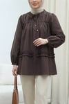 Robadan Lastikli Eteği Fırfırlı Düğmeli Poplin Tunik -K. Kahve-Tunik-398-11020-R54
