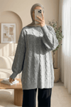 Saç Örgü Desen Yumoş Triko Kazak  -Gri-Kazak-295-4511-R11
