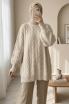 Saç Örgü Desen Yumoş Triko Kazak  -Krem-Kazak-295-4511-R28