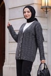 Saç Örgü Desenli İnci Düğmeli Triko Hırka -Füme